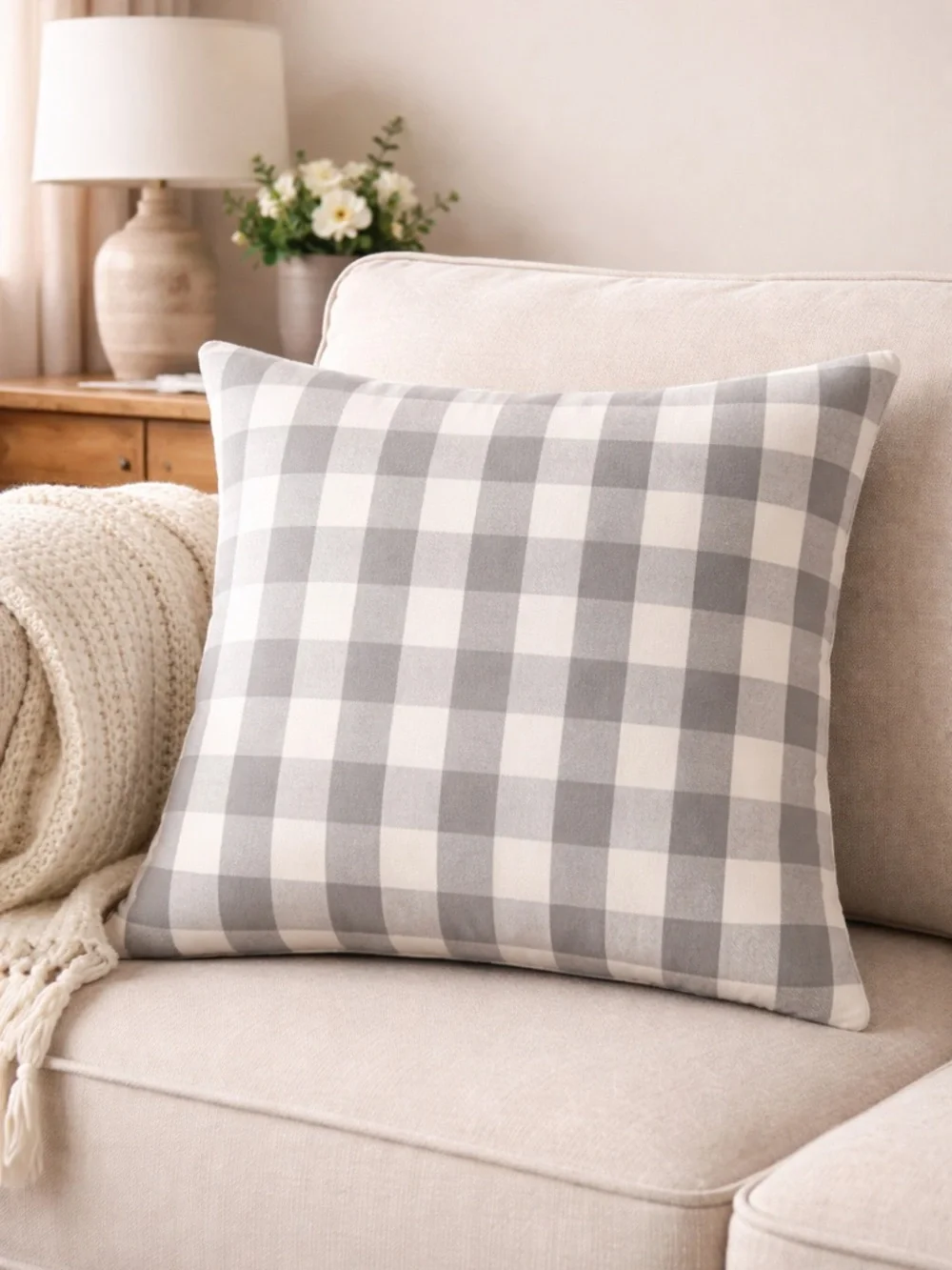 IKEA Buffalo Plaid Grey White Throw Pillow Cover 20x20 Cotton - Picture 1 of 6